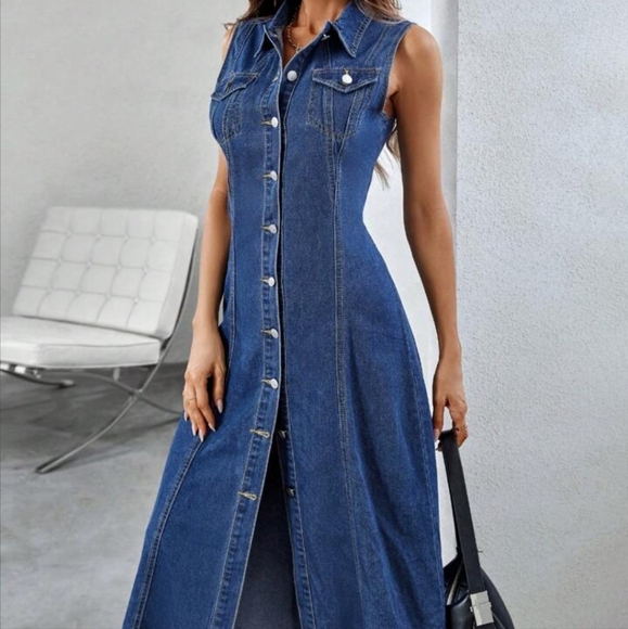 Flap Pocket Button Front Denim Dress - Picture 5 of 5